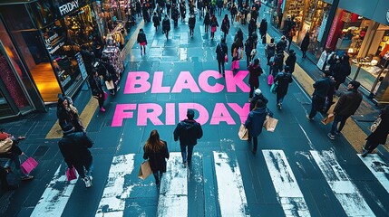 Obraz premium A close-up of a pink Black Friday inscription on the asphalt against a background of blurred people with colorful bags. The concept of discounts and sales
