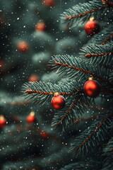 Obraz premium A close-up of a Christmas branch with a little snow can be used as a background for a Christmas card or website that emphasizes the warmth and brightness of winter, giving it a warm and festive feel.