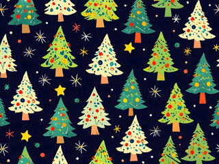 Obraz premium A cheerful, seamless Christmas pattern featuring colorful, hand-painted Christmas trees on a dark blue background.