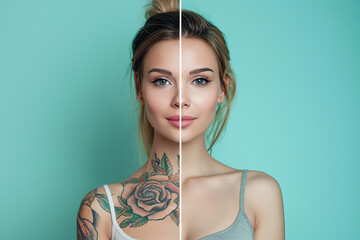 Before and After Tattoo Removal. Woman before and after laser tattoo removal procedures, closeup comparison collage. Cosmetic procedure for smooth and clean healthy skin
