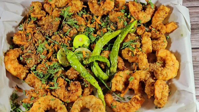 Fried shrimps with parsley, fried green chili pepper and lemon, crunchy fried peeled shrimps seasoned with salt, pepper and spices, a shrimp is a crustacean form of shellfish belongs to the Caridea