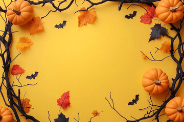 Halloween wreath with pumpkins, space for text in the center. Autumn harvest, fall. Thanksgiving and Halloween holiday concept