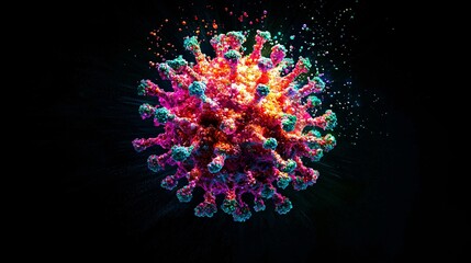 Visual of a viral capsid with genetic material inside. Dark background with bright colors.