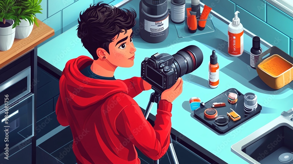 Poster beauty influencer in a home studio recording a skincare routine with a camera positioned on a tripod