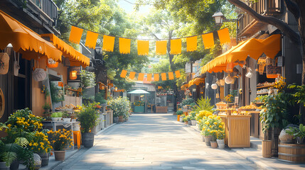 Fototapeta premium A vibrant street scene filled with colorful flowers and decorative banners, creating a cheerful atmosphere for visitors.