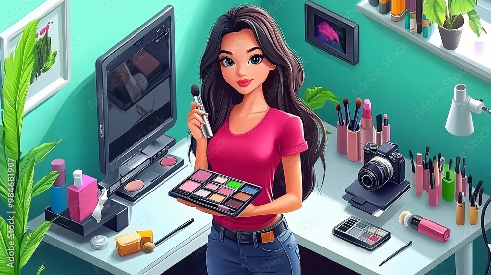 Poster beauty influencer recording a makeup tutorial while holding a palette, with brushes and cosmetics on