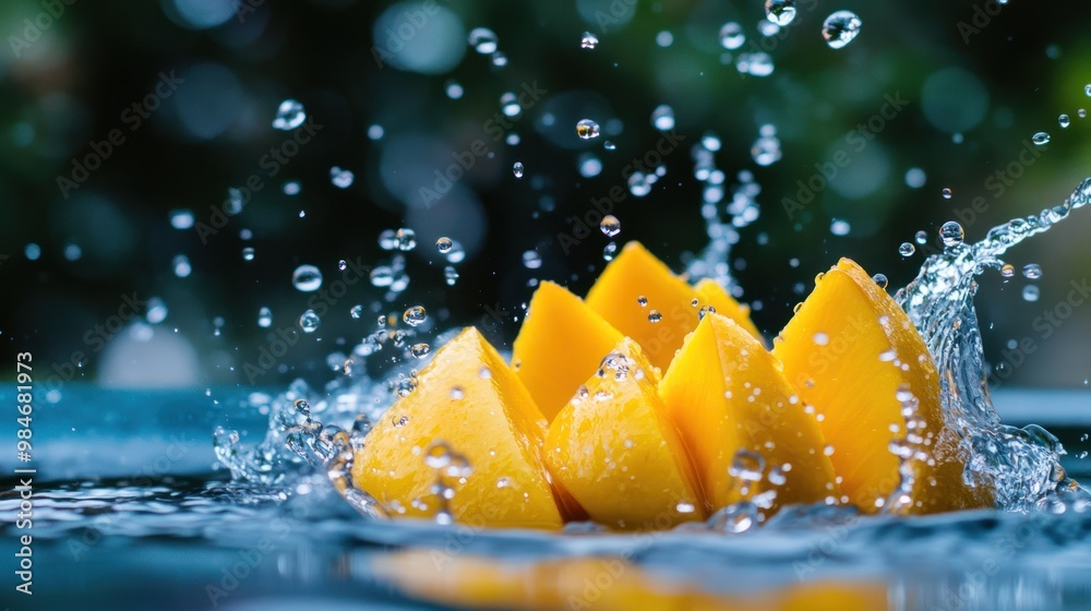 Sticker A vibrant splash of yellow mango slices in water, capturing freshness and vitality.