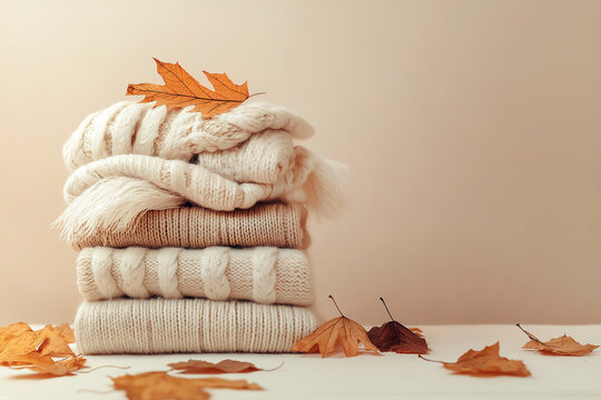 Stack of colorful knitted sweaters. Folded soft sweaters with autumn leaves on neutral background with copy space. Hello Autumn concept. Autumn clothes, fashion and sale, knitting