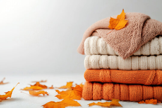 Stack of colorful knitted sweaters. Folded soft sweaters with autumn leaves on neutral background with copy space. Hello Autumn concept. Autumn clothes, fashion and sale, knitting
