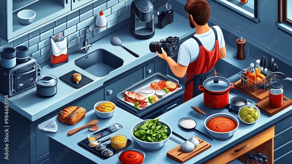 Poster isometric view of a food influencer baking in a home kitchen with a camera recording the step-by-ste