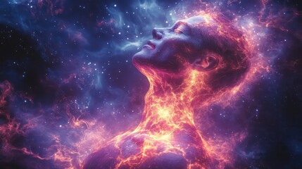 Neck pain in a fantasy setting, with a mystical healer working on a person's neck, glowing energy swirling around