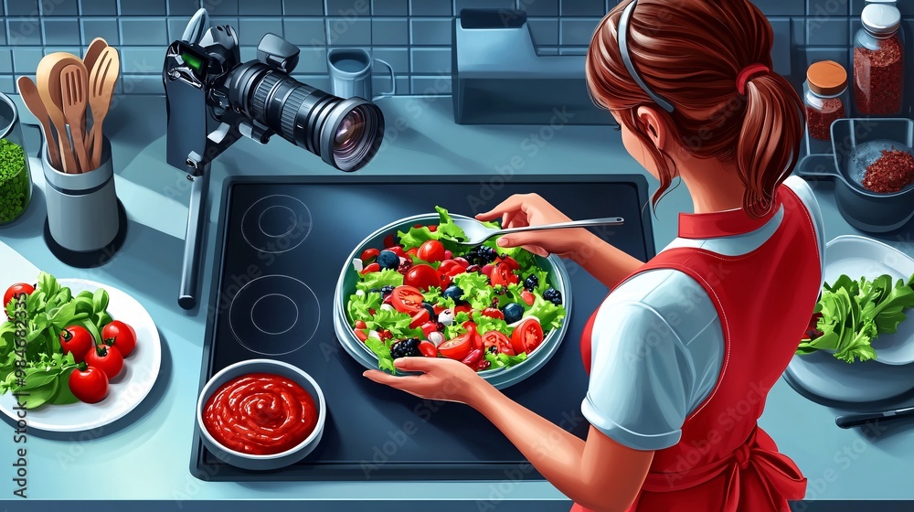 Poster food influencer preparing a salad with fresh ingredients and recording the process with a profession