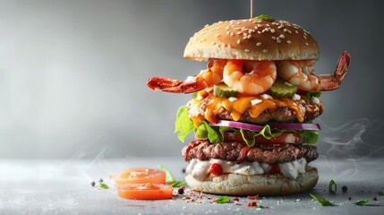 A 5-layer shrimp burger in a hyperrealistic style, with every detail rendered in stunning precision