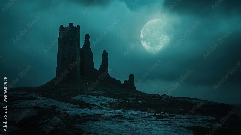 Canvas Prints A dark, atmospheric scene featuring a ruined castle under a large moon.