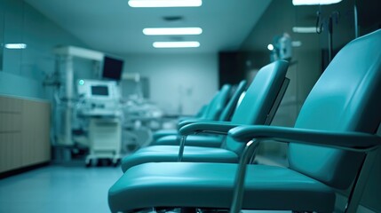 High-Quality Photograph of Hospital Room with Turquoise Chairs and Medical Equipment, Wide-Angle Perspective