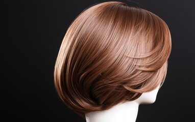 Naklejka premium Close-up of a short brown wig on a mannequin, multiple views highlighting natural layers and volume, hair fashion and beauty