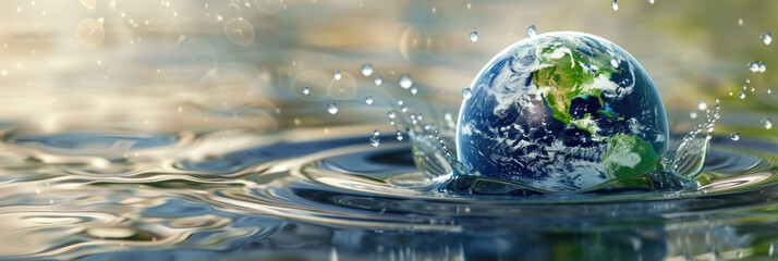 An elegant globe made of water with a rainbow. World Water Day and Earth. banner
