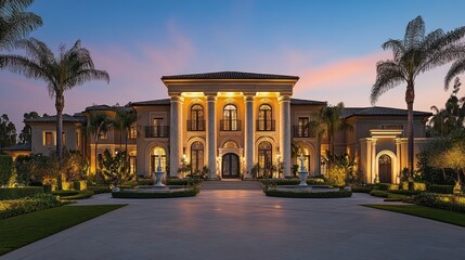 Obraz premium A luxurious mansion illuminated at dusk, showcasing elegant architecture and landscaping.