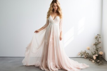 Fototapeta premium A bohemian-style wedding dress with delicate lace embellishments, featuring a flowing skirt in soft white and blush pink tones
