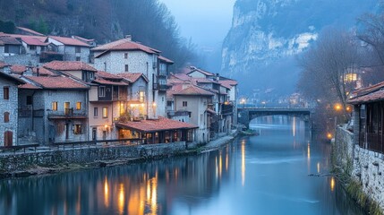 Serene riverside village at dusk, with stone houses and a bridge reflecting in the water.