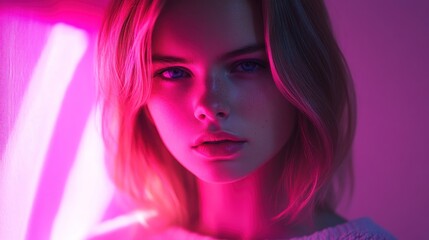 Fototapeta premium A close-up portrait of a young woman illuminated by soft, colorful lighting.
