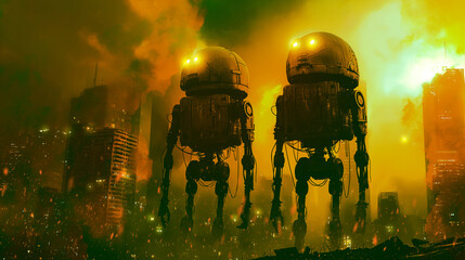 Scene Sci-fi, two robots are invading the world.Illustration art, Ai generate