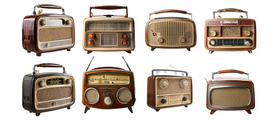 Collection of vintage radios in various styles and designs isolated on transparent background © Jieee Mooo