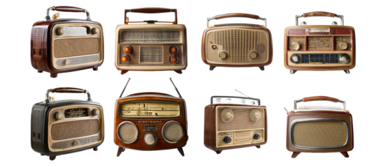 Collection of vintage radios in various styles and designs isolated on transparent background