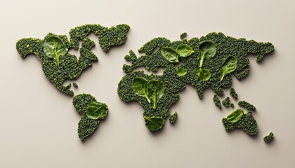 Creative food art with world map made from leafy greens and broccoli, highlighting global sustainability and healthy eating
