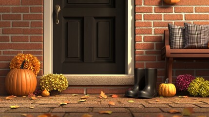 This beautiful fall porch features vibrant pumpkins and blooming mums, complemented by cute black rain boots, creating a warm and inviting autumn atmosphere
