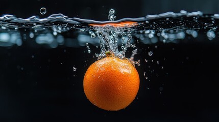An orange splashes into water, creating bubbles and ripples, showcasing motion and freshness.