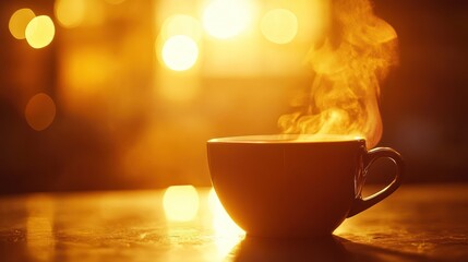 A steaming cup of coffee against a warm, glowing background.