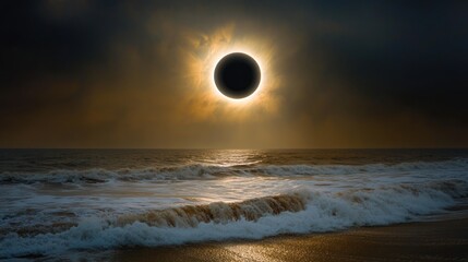 Obraz premium A stunning view of a solar eclipse over a tranquil ocean at sunset.