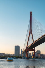 Obraz premium Yangpu Bridge and a ferry on the Huangpu River in Shanghai at dusk.