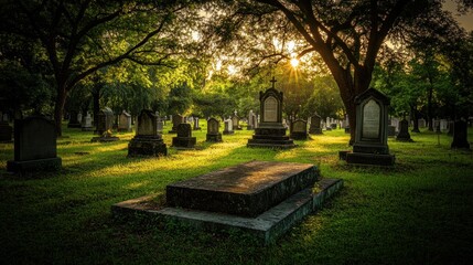A serene graveyard at sunset, with tombstones surrounded by lush greenery.