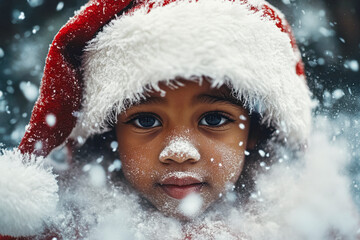 Child in Santa hat with snowy face