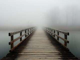 Fototapeta premium Wooden Bridge Disappearing Into Dense Fog 