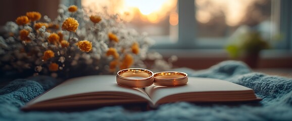 Two golden wedding rings on an open book, flowers in the background.