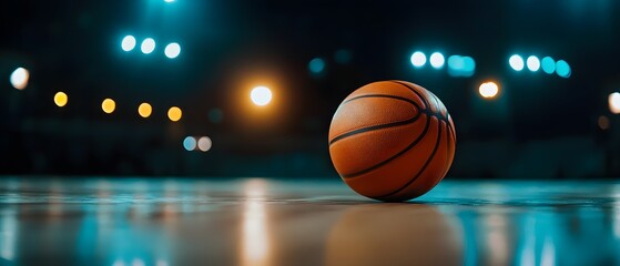 A close-up of a basketball resting on a court, illuminated by vibrant lights in a nighttime setting.