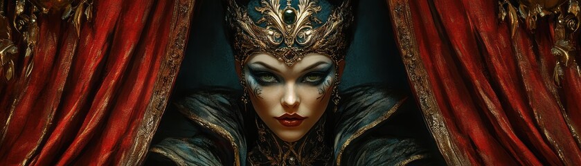 Majestic woman in ornate crown with red drapery
