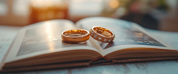 Two gold wedding bands on an open book.