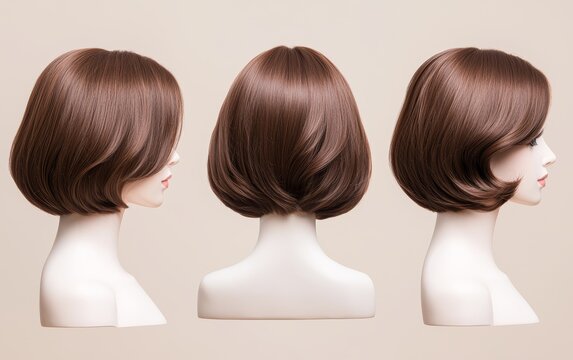 Front, side, and back view of a brown bob wig on a mannequin, highlighting hairstyling options and realistic texture