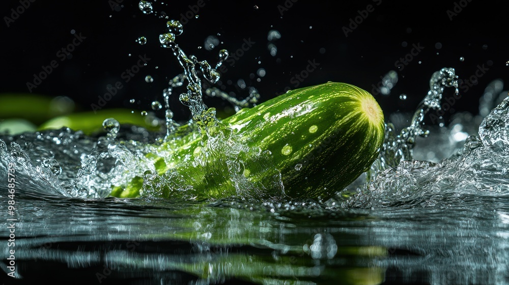 Sticker A zucchini splashes into water, creating dynamic ripples and droplets.