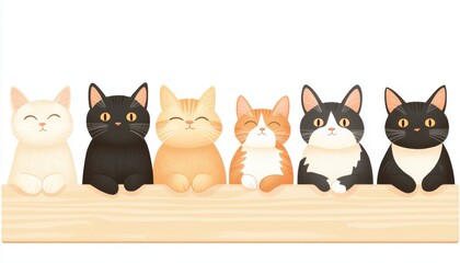 Obraz premium Group of cats, different fur patterns, sitting and standing, watercolor style