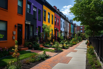 Fototapeta premium In the summer, a row of colored painted townhouses, houses, and homes with brick patio gardens can be seen.