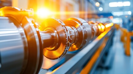 Obraz premium Heavy-duty crankshaft in a modern manufacturing plant, focus on industrial machinery, precision engineering and mechanical innovation