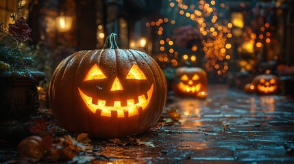 Fototapeta premium Illuminated Jack o lantern on Cobblestone Path for Halloween