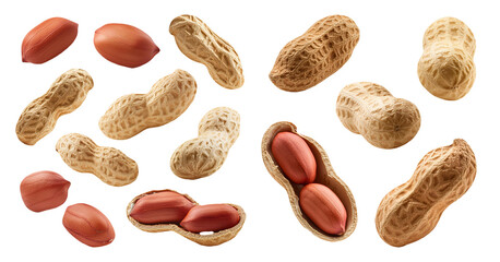 Shelled and unshelled peanuts isolated on transparent background