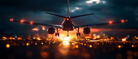 An aircraft approaches for landing during a dramatic sunset, highlighted by city lights and illuminated clouds, creating a captivating urban aerial scene.
