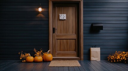 Obraz premium The front porch is beautifully adorned with vibrant pumpkins and blooming mums, complemented by a charming doormat, embodying the spirit of autumn